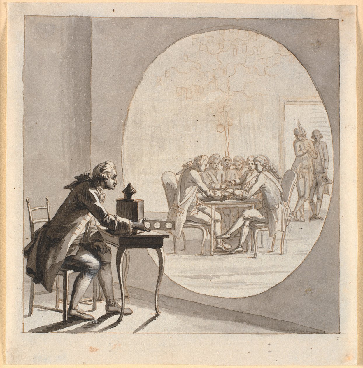 En mann med en laterna magica viser et bilde av Secret State Council av Nicolai Abildgaard