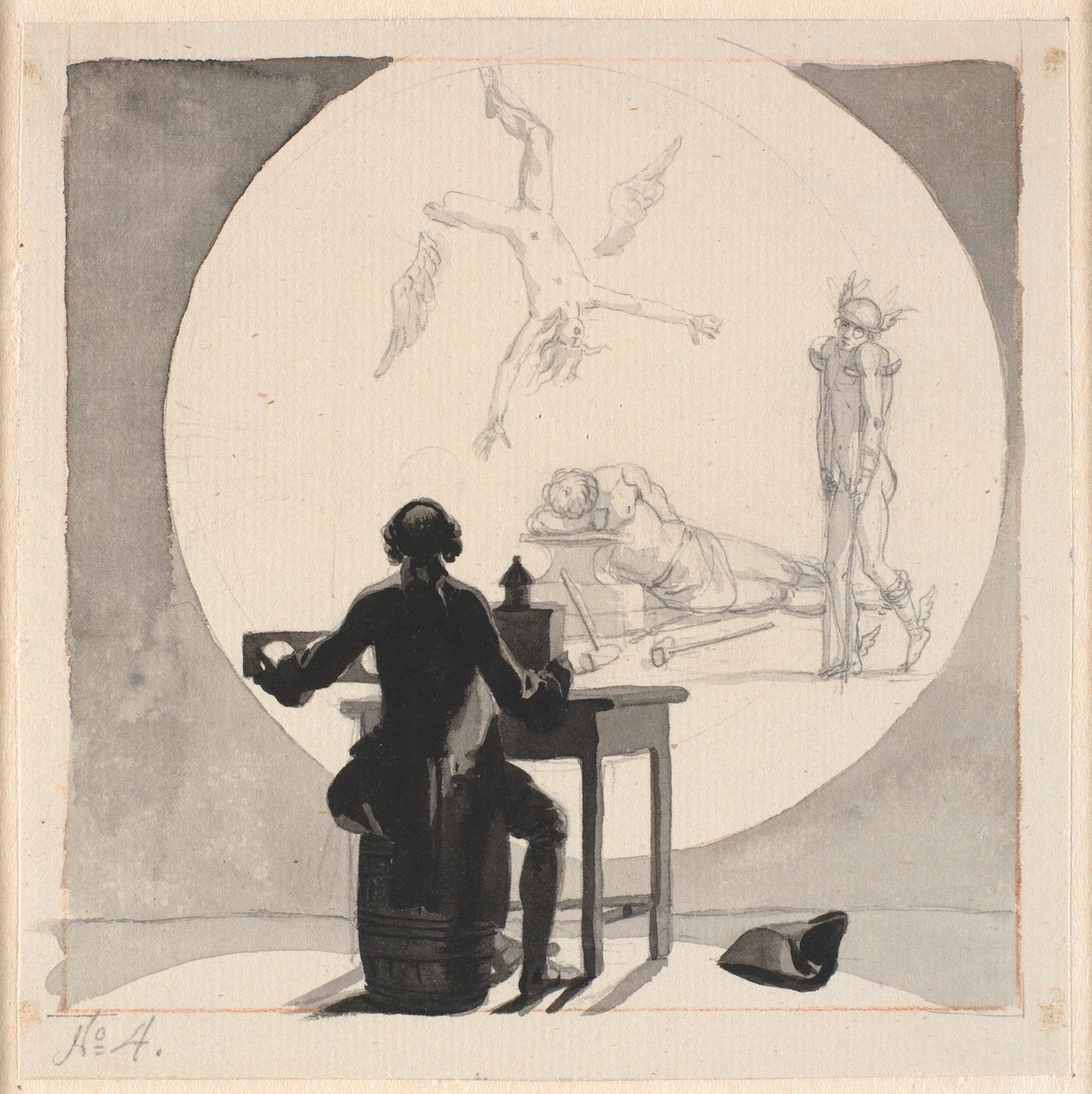 En mann med en laterna magica viser et bilde av nedgangen i handel og håndverk - den lamme Mercury, den sovende Vulcan, etc. av Nicolai Abildgaard