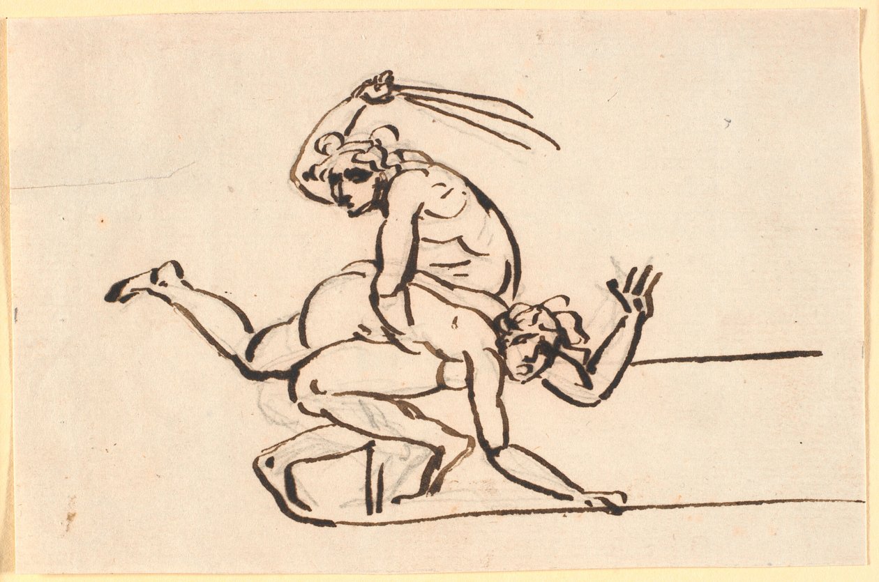 En siddende nøgen figur, der svinger riset mod en nøgen kvindes bag   1267075   no       norwegian Successfully Translated  Original: Princess Elizabeth, daughter of King Charles I of England, pleading with his captors to spare him from harm Translat: Prin av Nicolai Abildgaard