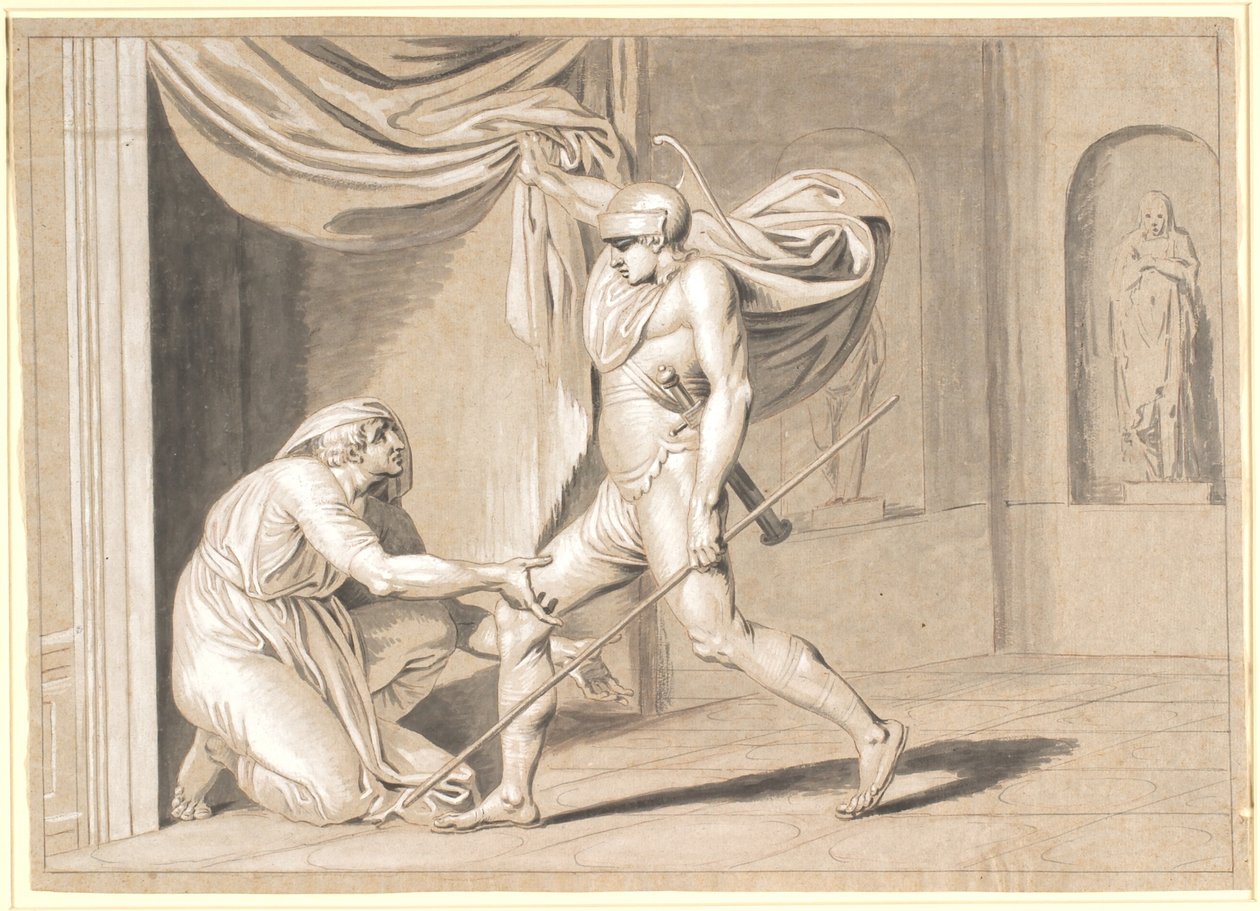 En soldat finner Claudius, som frykter å bli keiser, gjemt bak et forheng av Nicolai Abildgaard