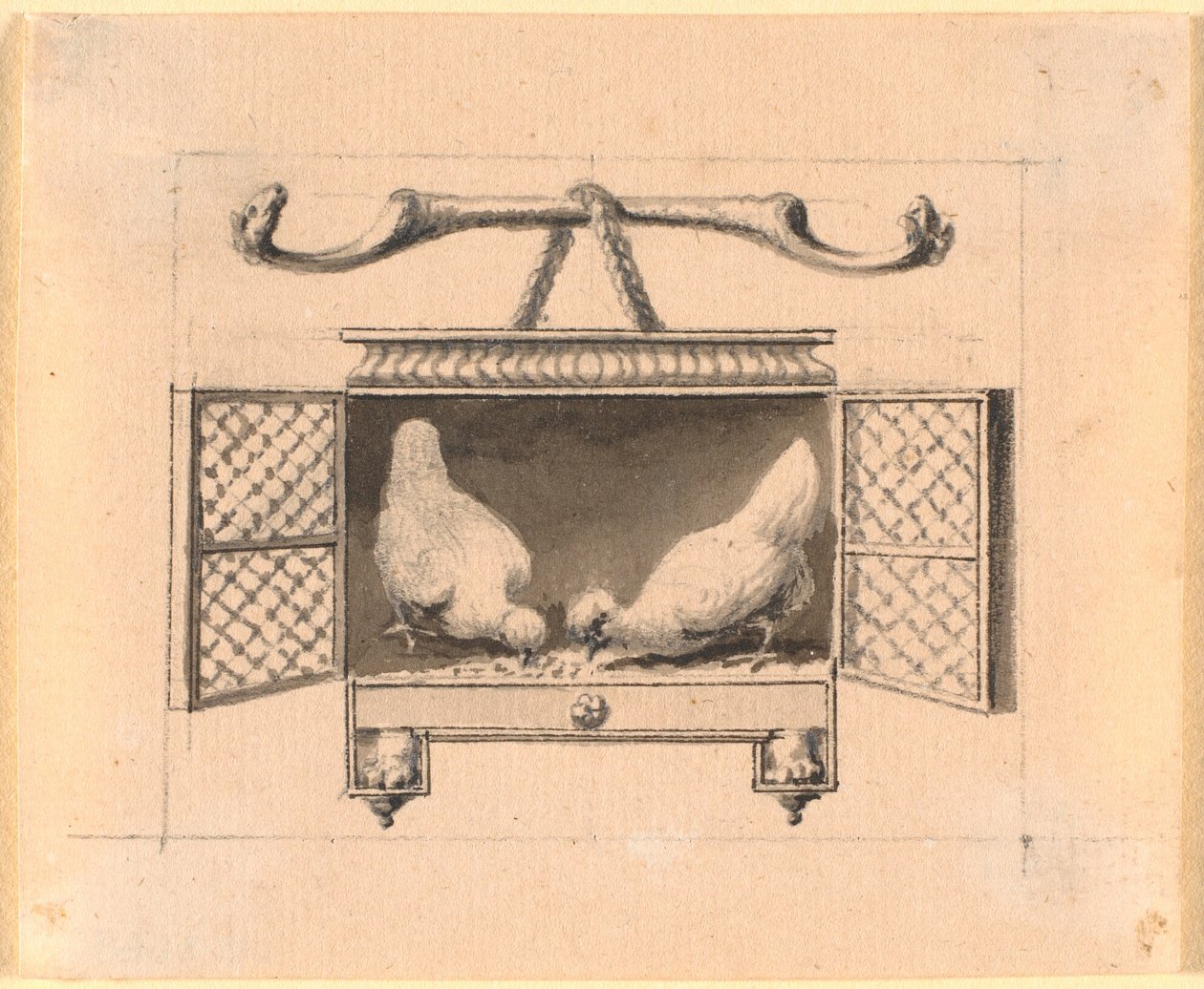 Et par kyllinger i et bur plukker opp korn av Nicolai Abildgaard