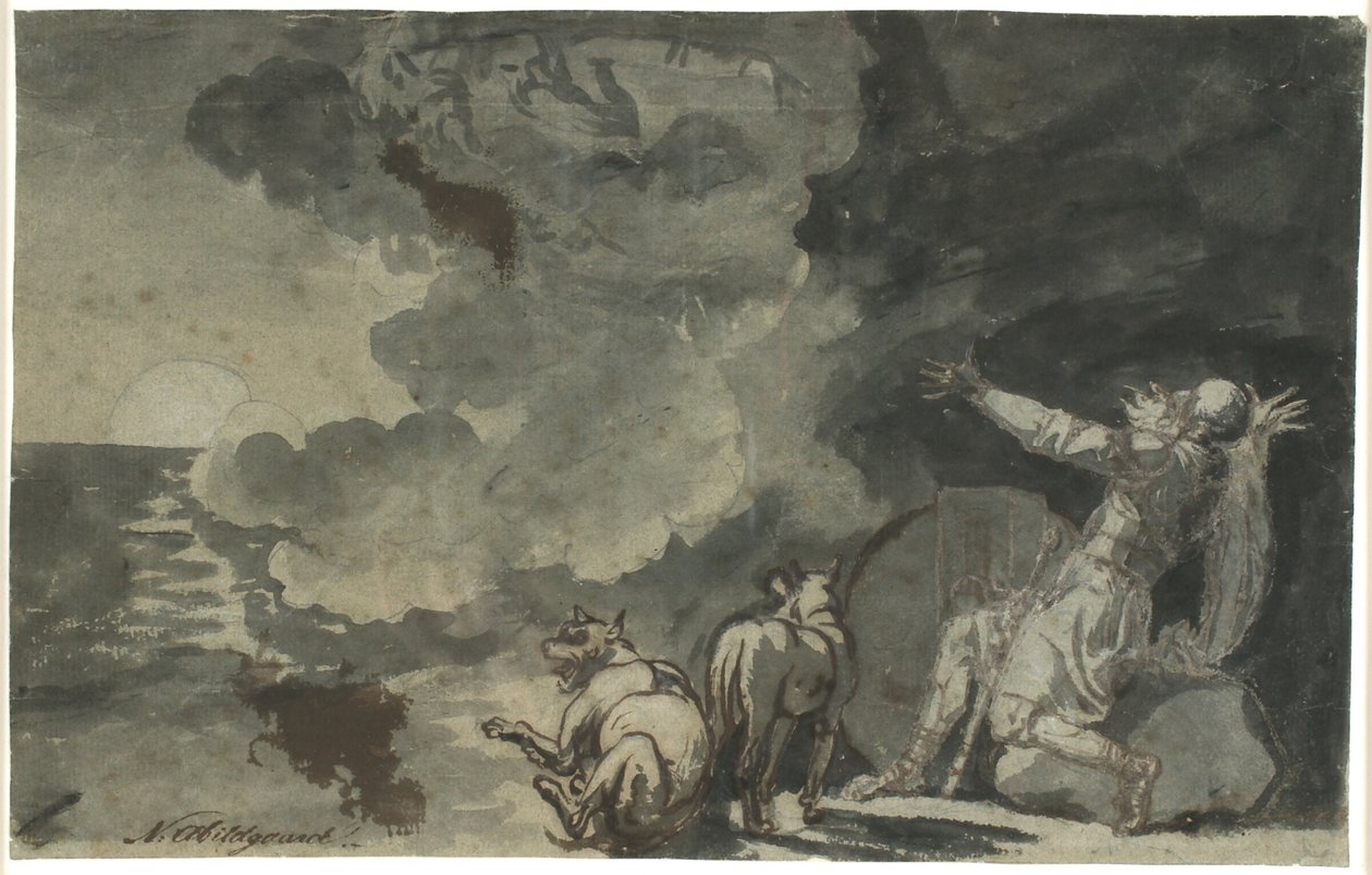 Fingal ser åndene til sine forfedre ved måneskinnet. Scene av Ossian av Nicolai Abildgaard