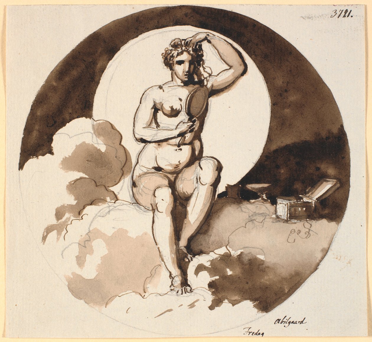 Fredag. Venus sittende med speil og smykkeskrin av Nicolai Abildgaard