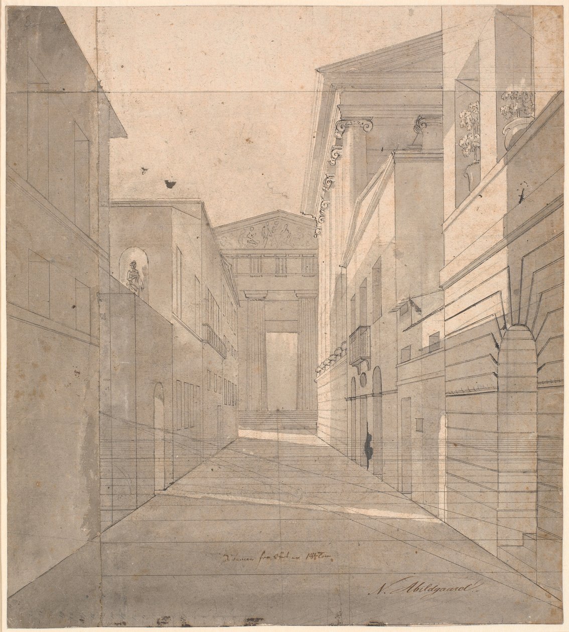 Gate i en gammel by. Perspektivstudie for maleriet "Simo betror seg til Sosia" av Nicolai Abildgaard