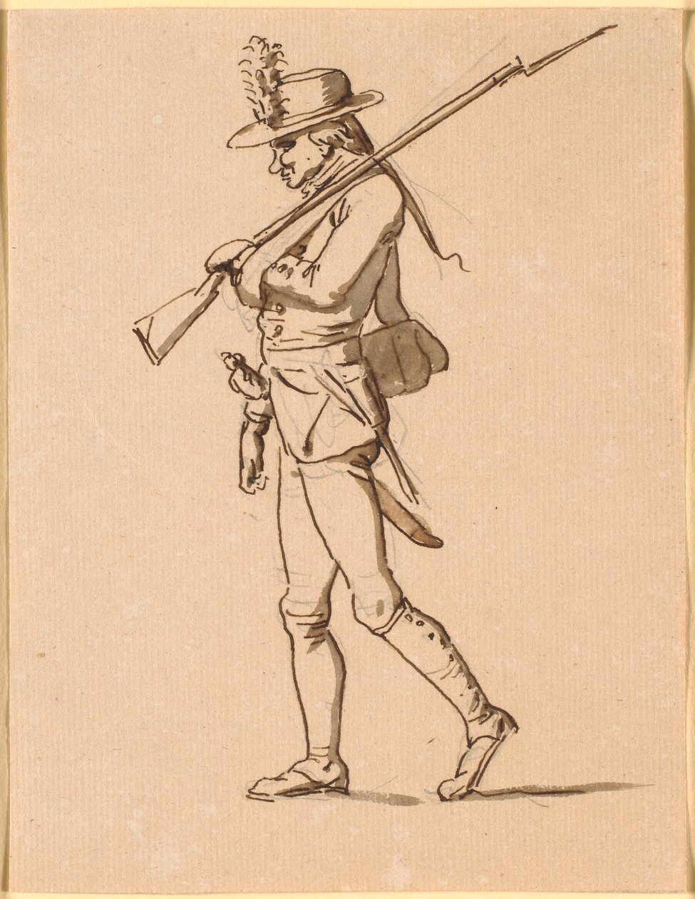 Karikatur av en soldat i profil til venstre. Venstre arm er bandasjert, men han bærer en rifle. av Nicolai Abildgaard