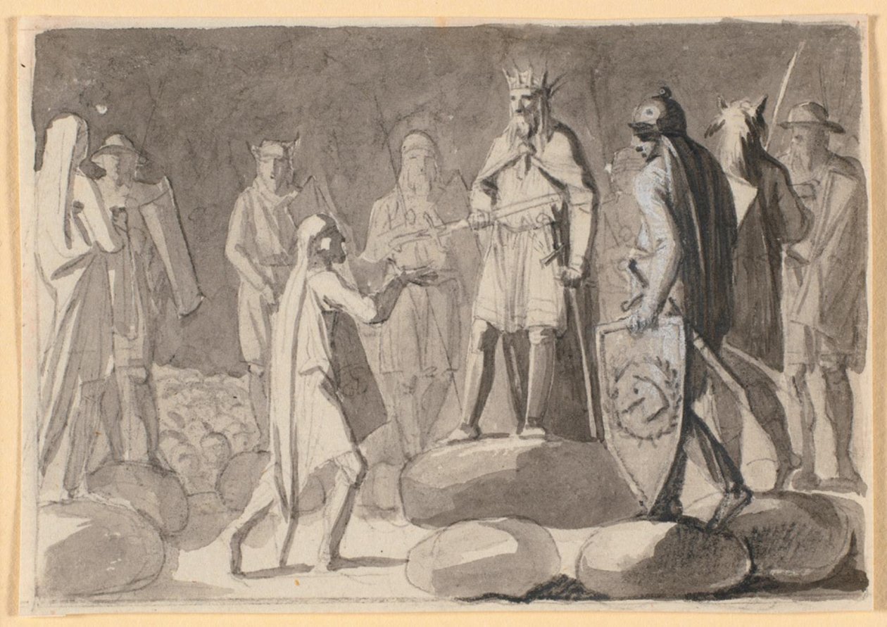Komposisjonsutkast; en konge, omgitt av krigere i en domstol, gir et riddersverd til en mann av Nicolai Abildgaard