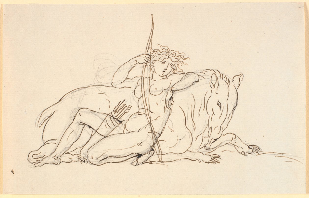 Kvinnefigur med piler og kogger, sittende lent mot et imaginært dyr (eventuelt en maursluker). Allegori av Amerika av Nicolai Abildgaard