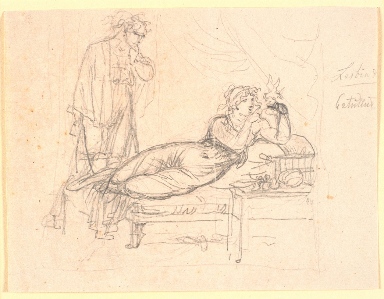 Lesbia og Catullus. Lesbia lener seg tilbake og holder en fugl på venstre hånd. Catullus står bak av Nicolai Abildgaard