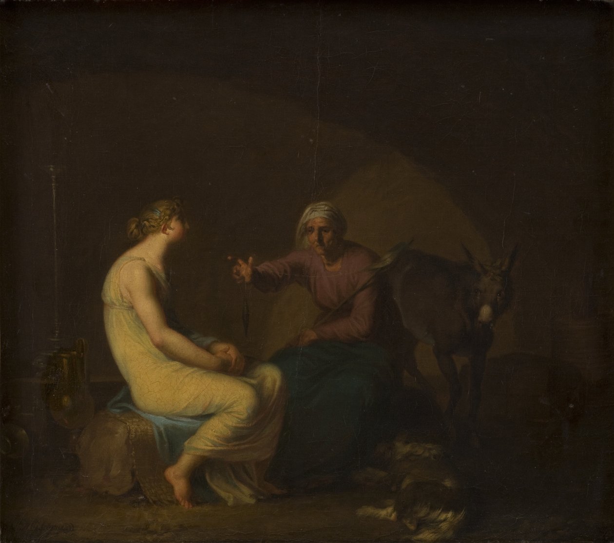 Røvergjengens husholderske trøster ungjenta ved å fortelle myten om Amor og Psyke. Motiv fra Apuleius: The Golden Ass av Nicolai Abildgaard