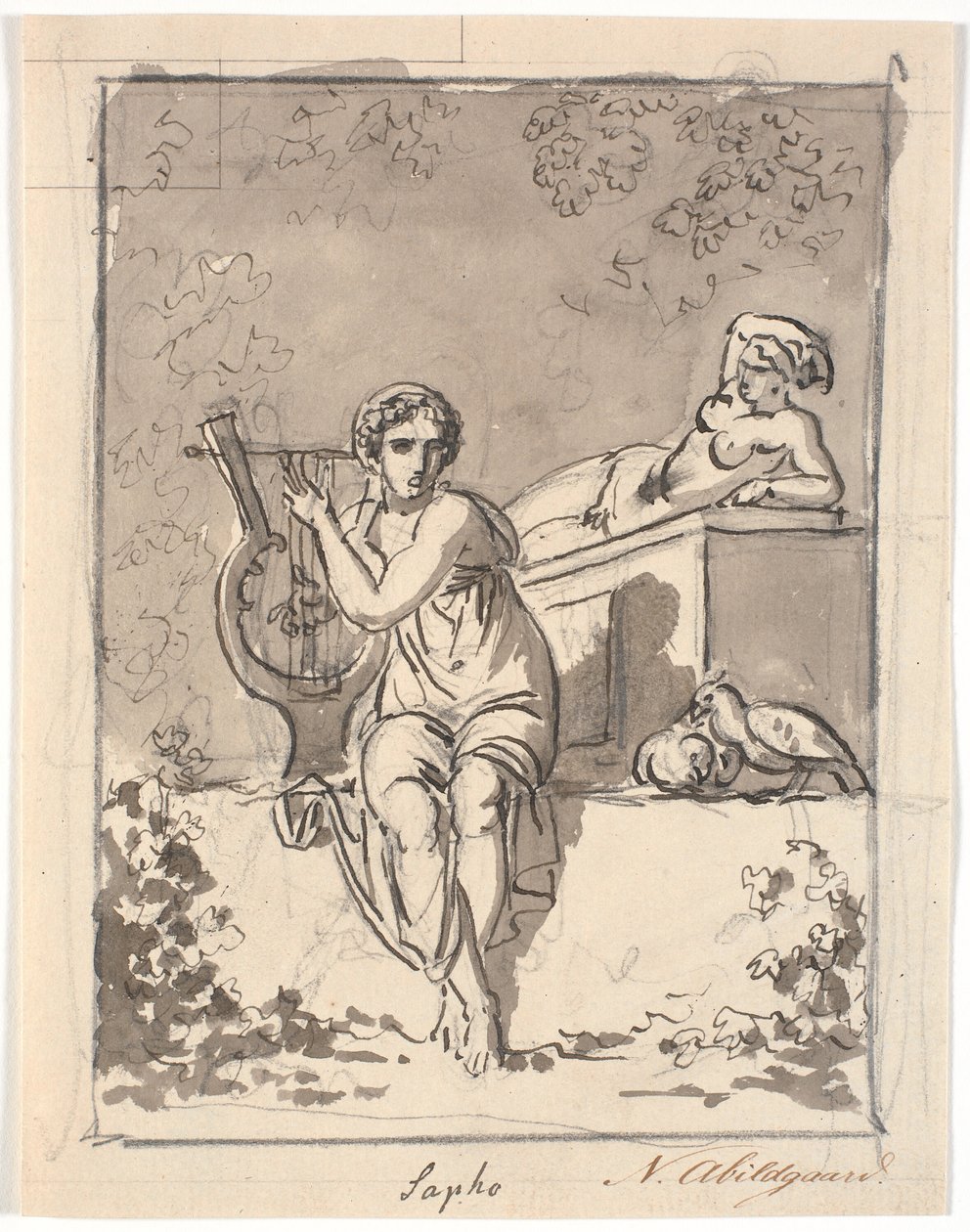 Sappho, sittende med lyren sin, i bakgrunnen hviler en hermafroditt av Nicolai Abildgaard