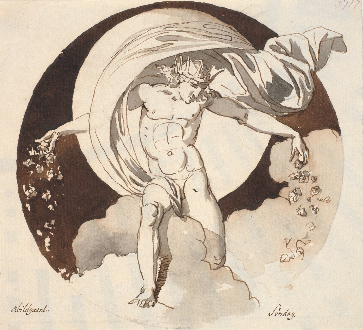Søndag. En kronet naken gud som sprer blomster med begge hender av Nicolai Abildgaard