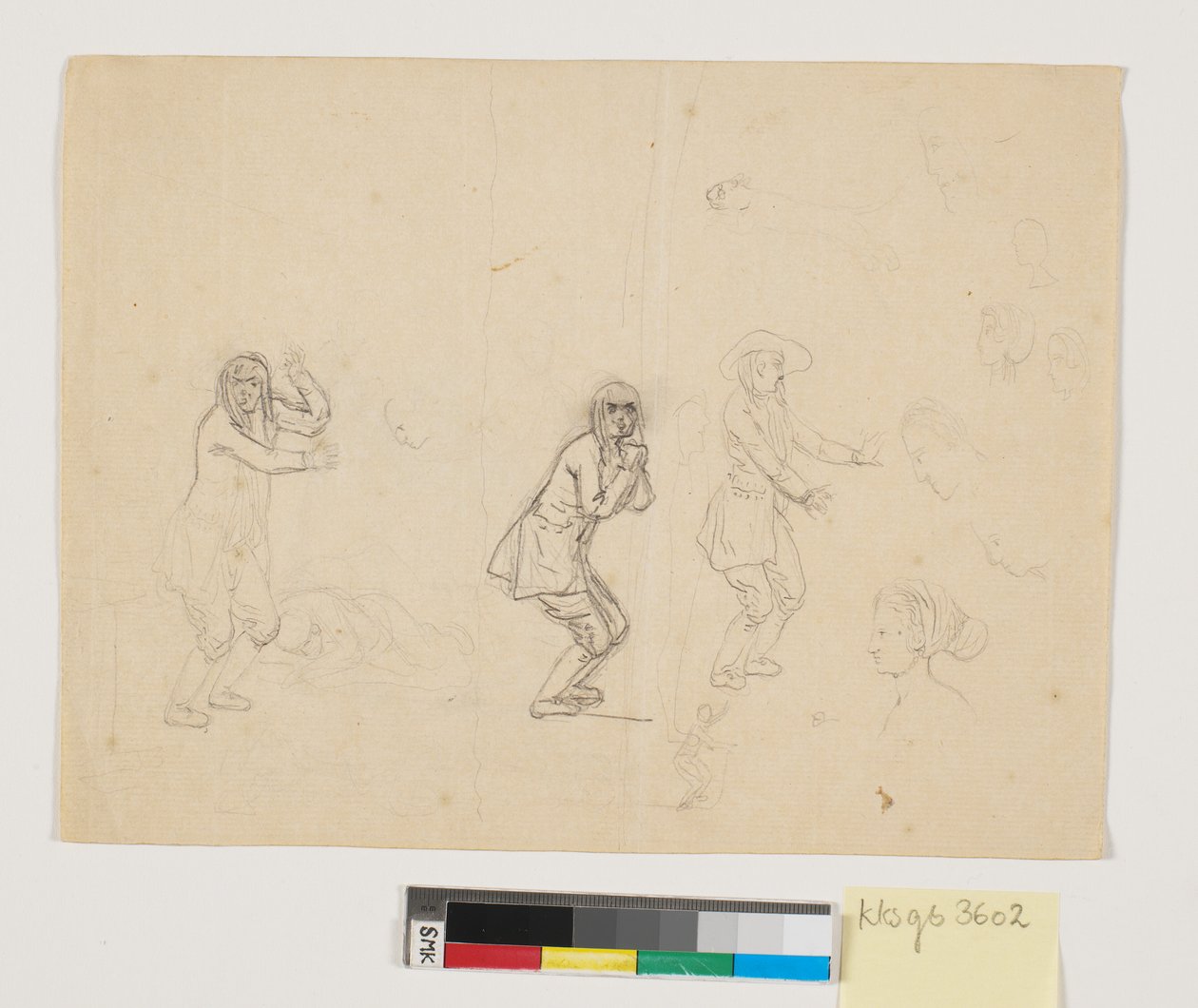 Studier av hoder og figurer, bl.a. en mannsfigur gjengitt tre ganger av Nicolai Abildgaard