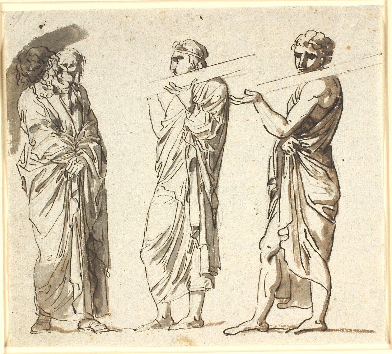 Tre menn står, de to yngre bærer hver sin planke på skulderen, den tredje eldre i en ettertenksom stilling av Nicolai Abildgaard