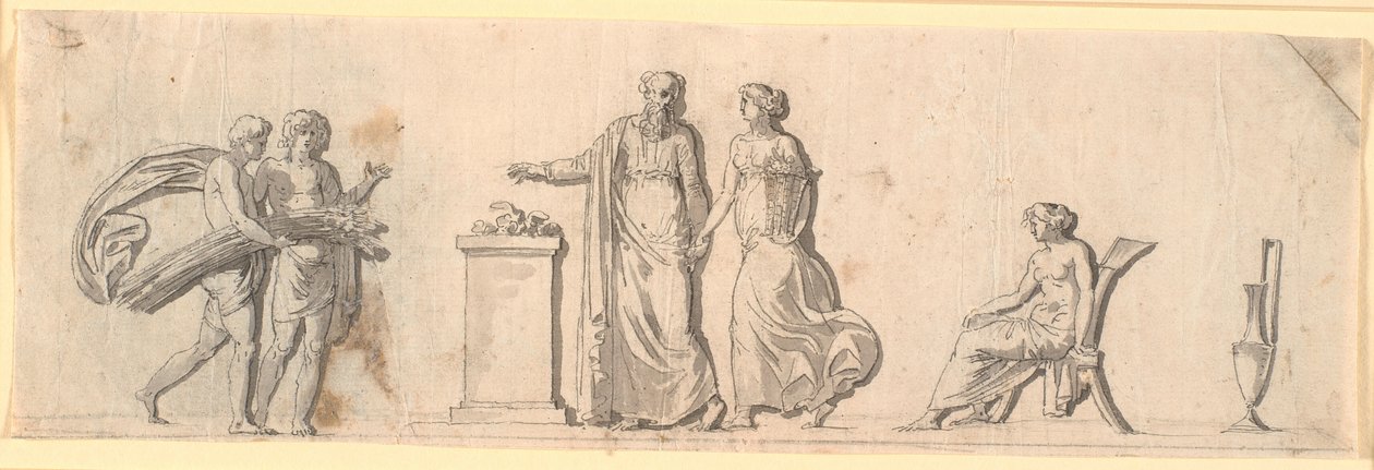 Utkast til utsmykning av et felt, antagelig malt trepanel på et møbel. Antikke figurer med blomsterkurver og neg ved et alter av Nicolai Abildgaard