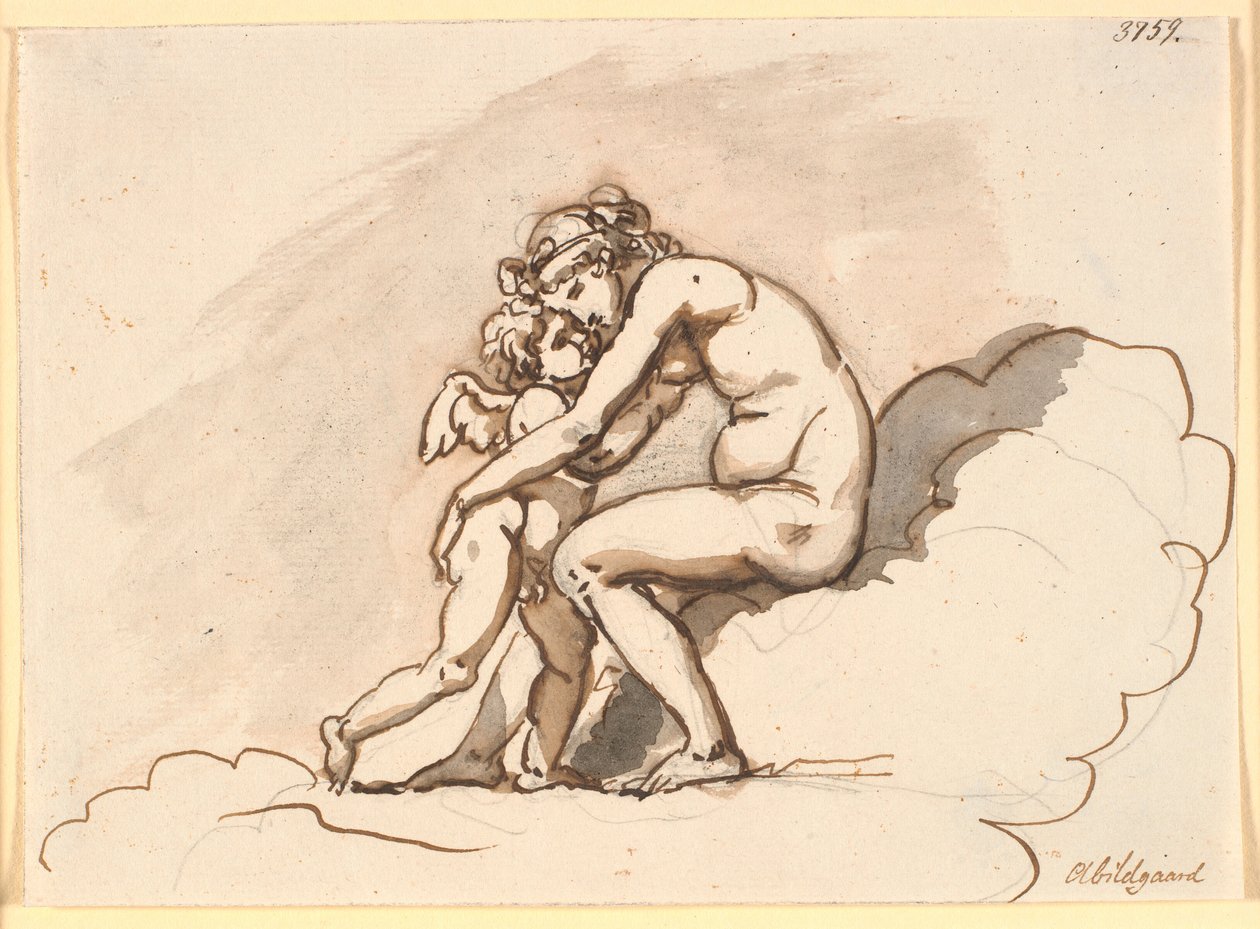 Venus, som sitter i skyene, omfavner Amor av Nicolai Abildgaard