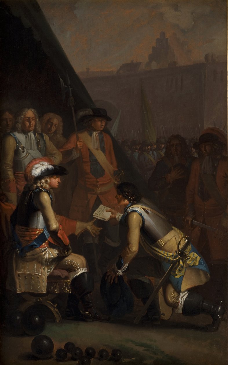 Magnus Stenbock overgir festningen Tønning til Fredrik IV i 1714, 1785. av Nicolai Abraham Abildgaard