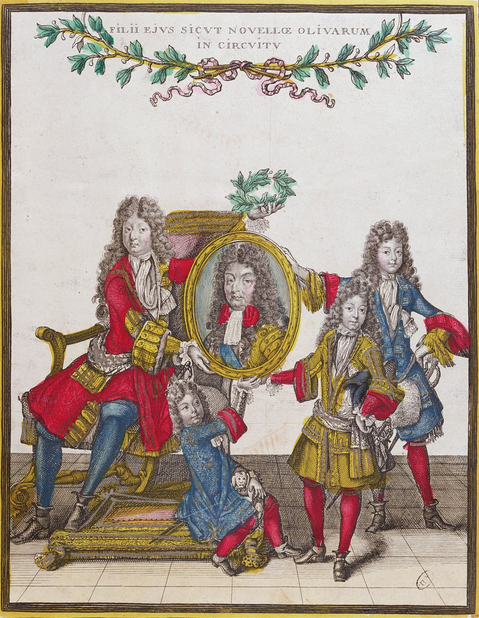 Den franske kongefamilien holder et portrett av Louis XIV, slutten av det syttende århundre (fargegravering) av Nicolas Arnoult
