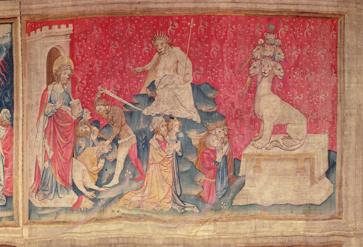 Tilbedelse av bildet av udyret, fra Apocalypse Tapestry of Angers, 1373-87 (teppe) av Nicolas Bataille