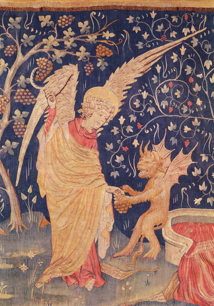Engel med en haug med druer og en demon, detalj fra Apocalypse Tapestry of Angers, 1373-87 (teppe) av Nicolas Bataille