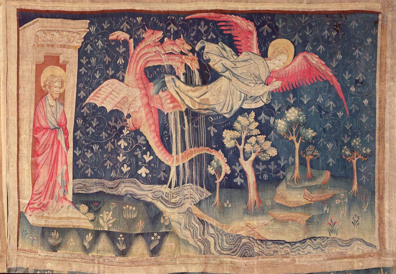 Dragen som forfølger kvinnen, fra Apocalypse Tapestry of Angers, 1373-87 (teppe) av Nicolas Bataille