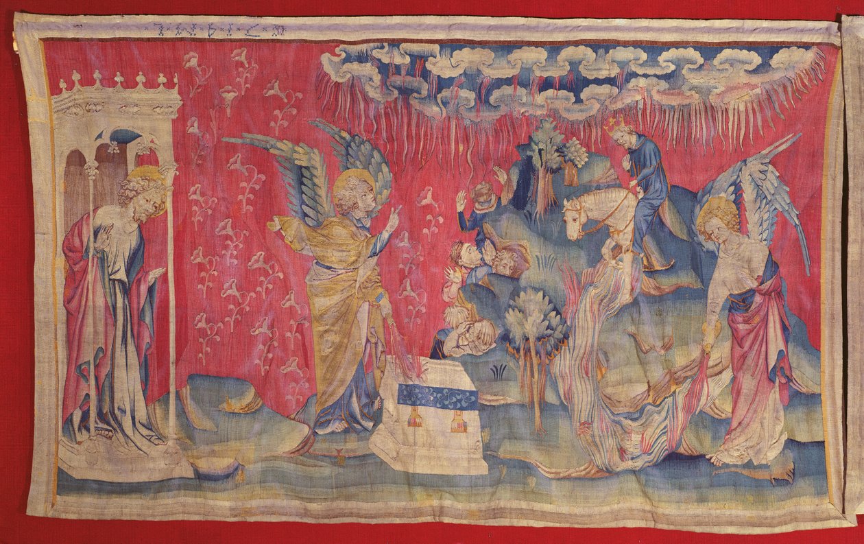 Den femte og sjette kolben: Den femte sjette englene tømmer sine kolber på tronen og i elven Eufrat, fra Apocalypse Tapestry of Angers, 1373-1387 (teppe) av Nicolas Bataille