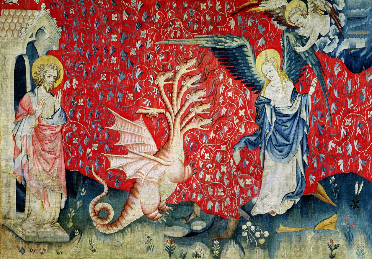 Kvinnen som mottar vinger for å flykte fra dragen, nr.37 fra 'The Apocalypse of Angers', 1373-87 (teppe) av Nicolas Bataille
