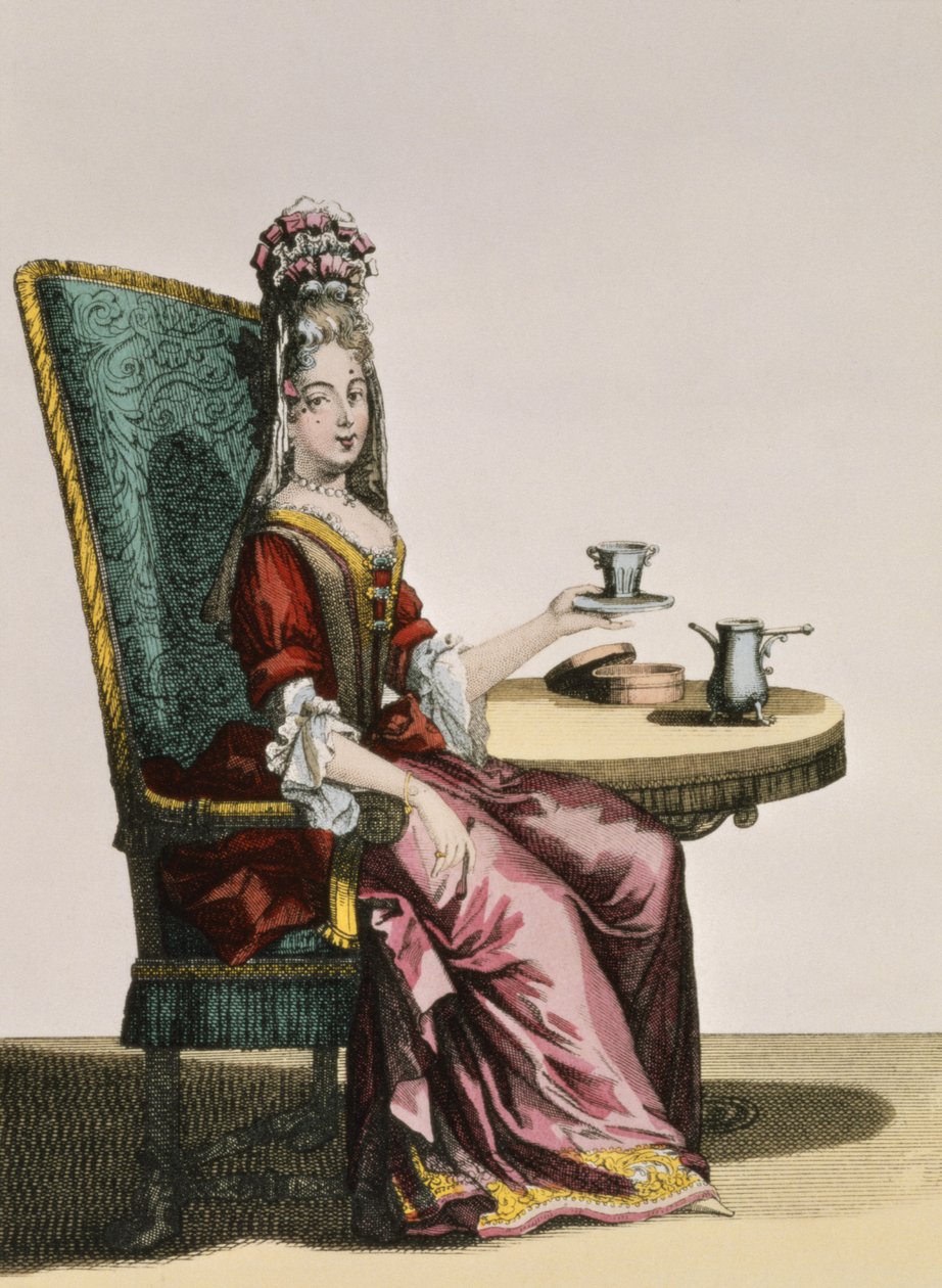 Lady Taring Coffee, motetallerken, ca. 1695 av Nicolas Bonnart