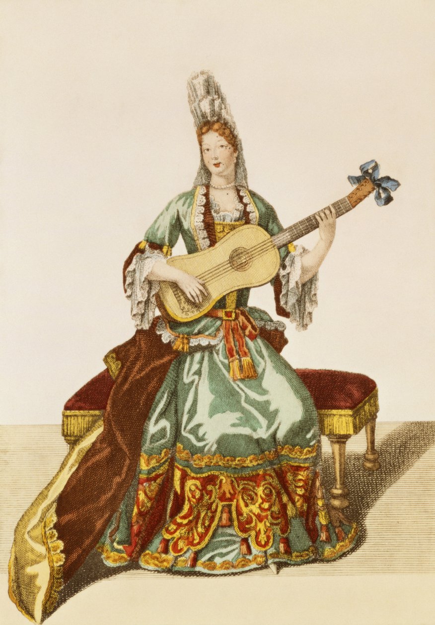 Lady of Quality Playing the Guitar, moteplate, ca. 1695 av Nicolas Bonnart