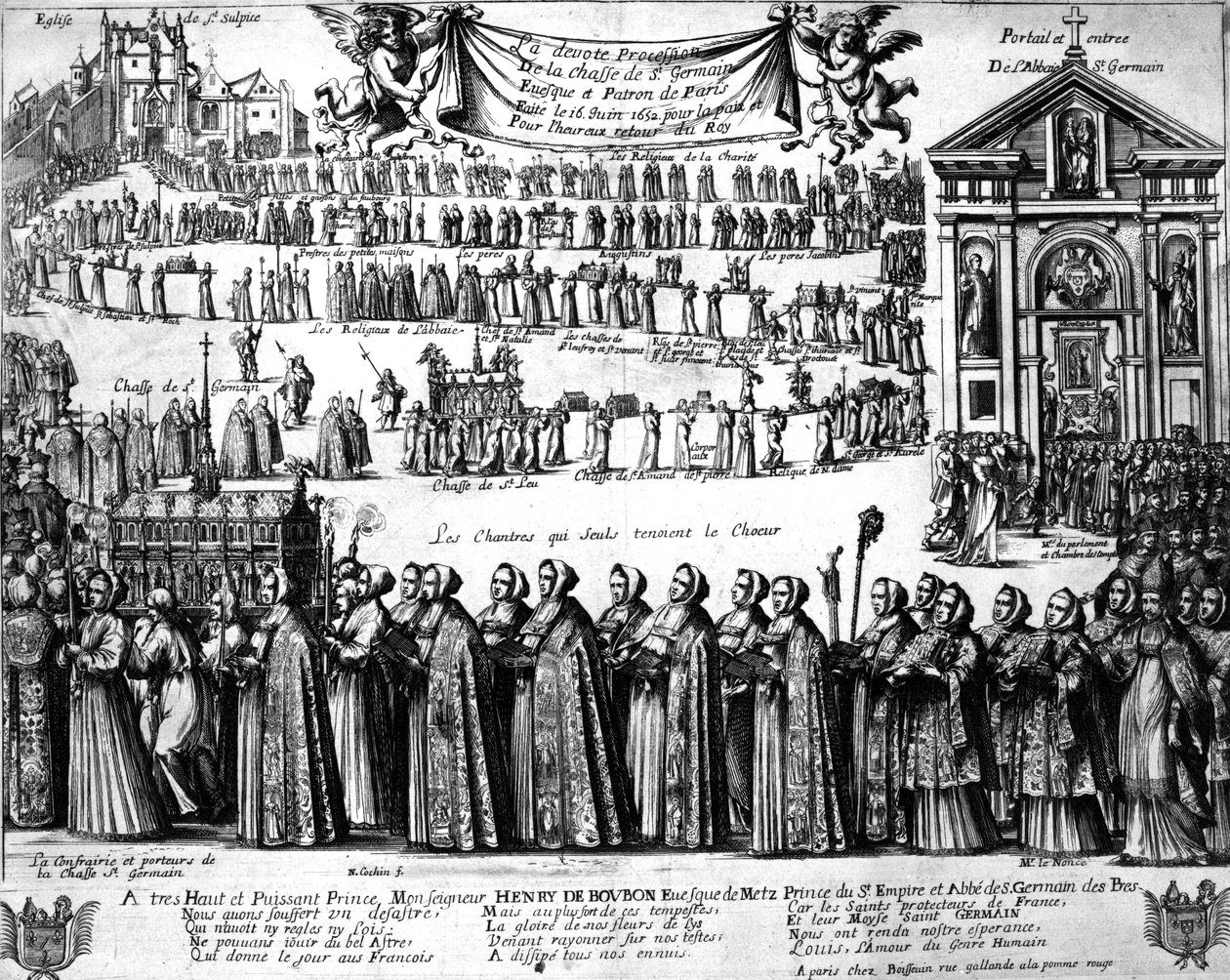Prosesjon av helligdommen til St. Germain og andre fra klosteret Saint-Germain-des-Prés til kirken Saint-Sulpice, Paris, ca. 1652 av Nicolas Cochin