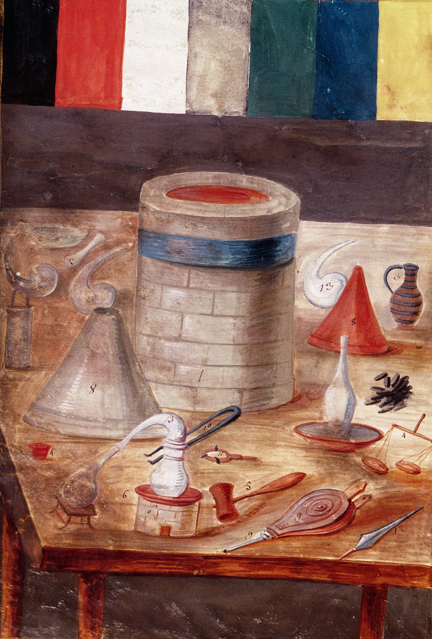 Fru Fr. 14765 f.1 Alkymistens utstyr, påstått skrevet og opplyst av Nicolas Flamel (ca. 1330-1418) av Nicolas Flamel