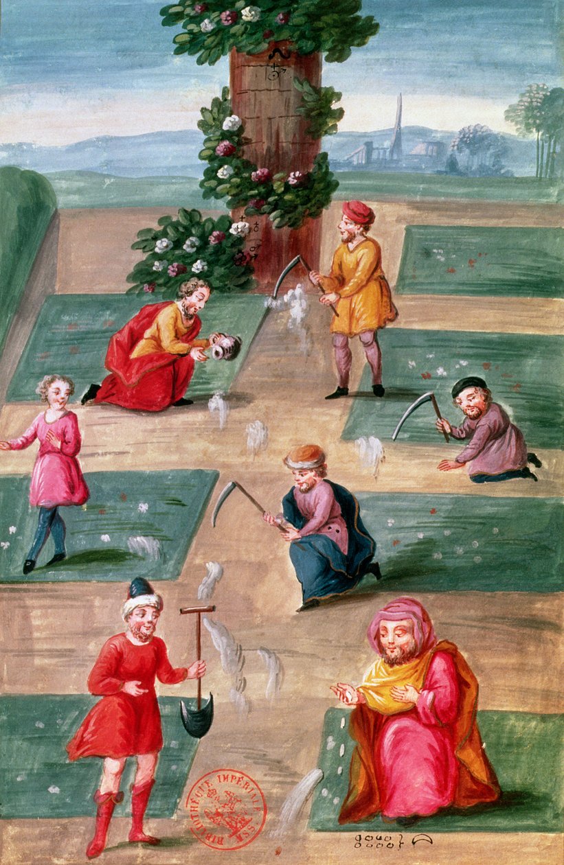 Fru Fr. 14765 f.42-43 franske alkymister som søker materiell gull, angivelig skrevet av Nicolas Flamel (ca. 1330-1418) av Nicolas Flamel