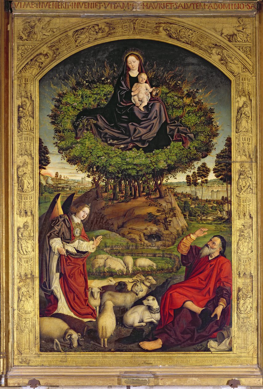 Madonna og barn, sentralpanel fra Triptych of Moses and the Burning Bush, ca. 1476 (se også 173010 og 232840-1) av Nicolas Froment