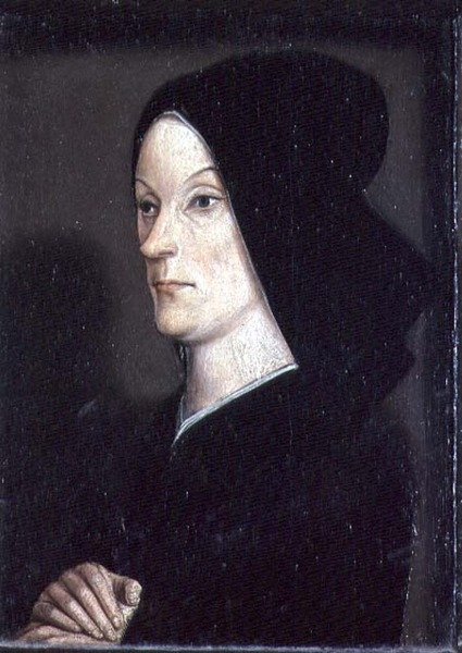 Matheron Diptych: portrett av Jeanne de Laval (d.1498) andre kone til Rene I den gode (1409-80) høyre panel (se også 94914) av Nicolas Froment