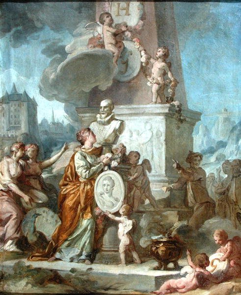 Allegorisk scene rundt bysten av Henri IV (1553-1610) Kongen av Frankrike og portrettmedaljongen til Comtesse de Gramont, 1776 av Nicolas Guy Brenet