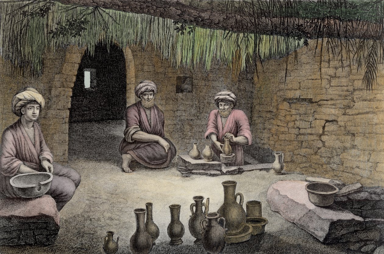 Interiør i et pottemakerverksted, fra bind II Arts and Trades av 'Description of Egypt', gravert av CF Letellier, pub. under ordre fra Napoleon, 1822 (senere fargelegging) av Nicolas Jacques Conte