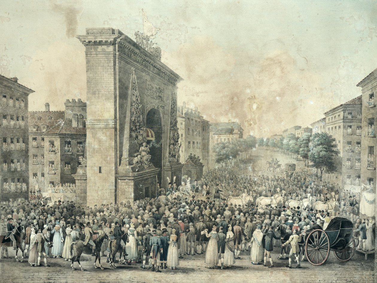 Inngangen til Louis XVIII (1755-1824) gjennom Porte Saint-Denis, 1814 (penn og blekk og wc på papir) av Nicolas Joseph Vergnaux