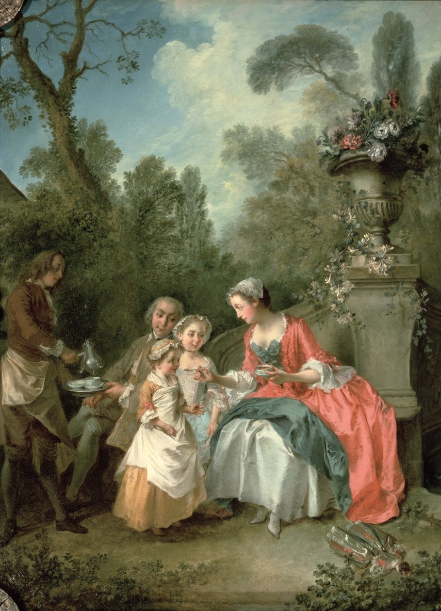 En dame og en herre i hagen med to barn ca. 1742 olje på lerret detalj av 29887 av Nicolas Lancret