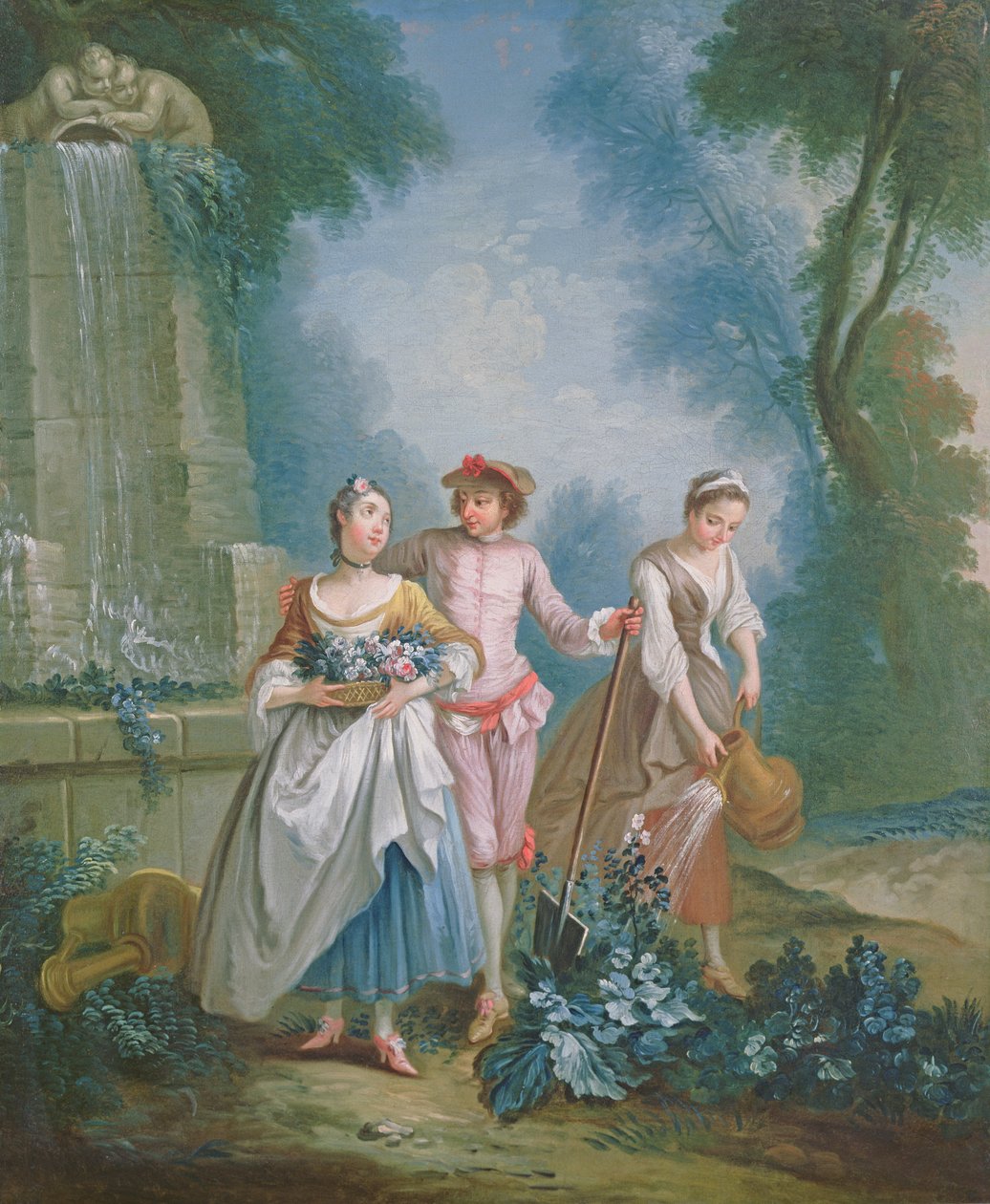 En allegori om sommeren: Gartnere som vanner et blomsterbed av Nicolas Lancret