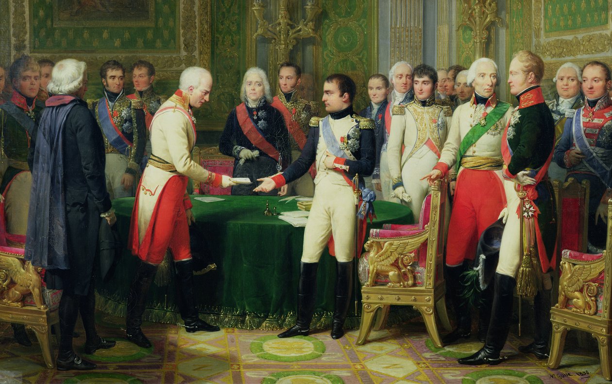 Napoleon I (1769-1821) Mottok Baron Vincent, den østerrikske ambassadøren, i Erfurt, 28. oktober 1808, 1838 av Nicolas Louis Francois Gosse