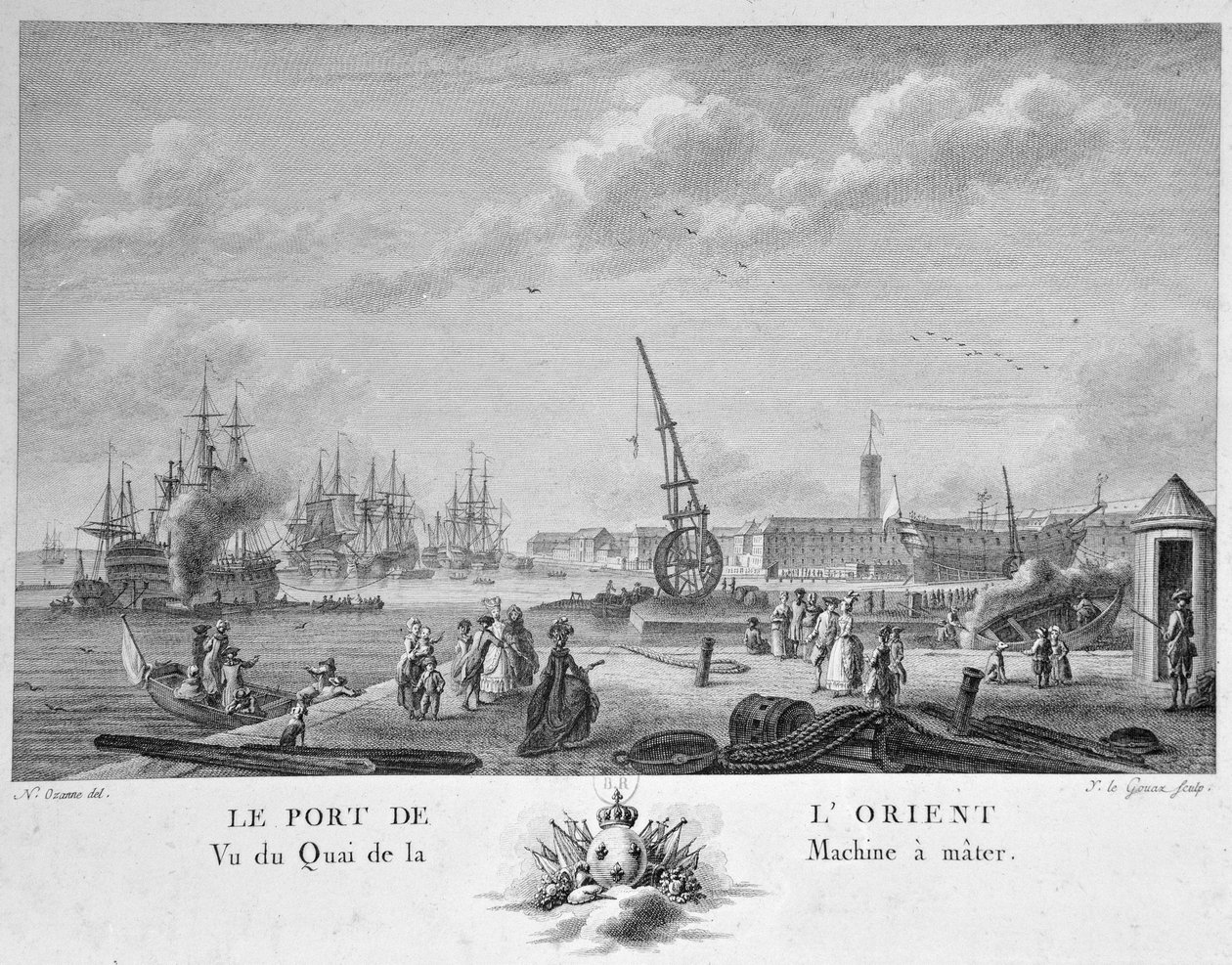 Port of L' Orient, utsikt over kaien med mastemaskinen, gravert av Yves Marie Le Gouaz (1742-1816) av Nicolas Marie Ozanne