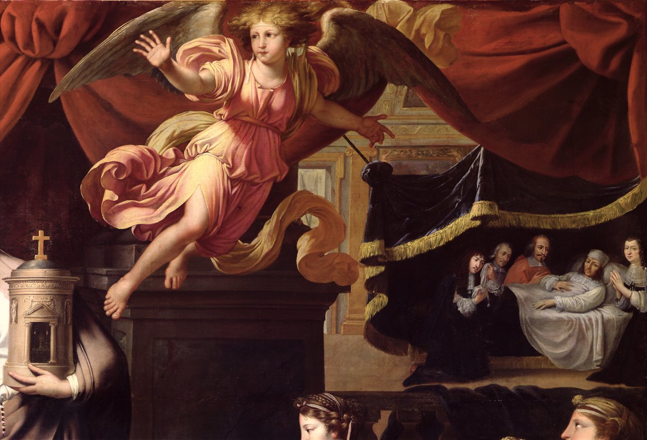Ex-voto to the Illness of Louis XIV (1638-1715) i Calais, juli 1658, detalj av en engel og Louis i hans dødsleie av Nicolas Mignard