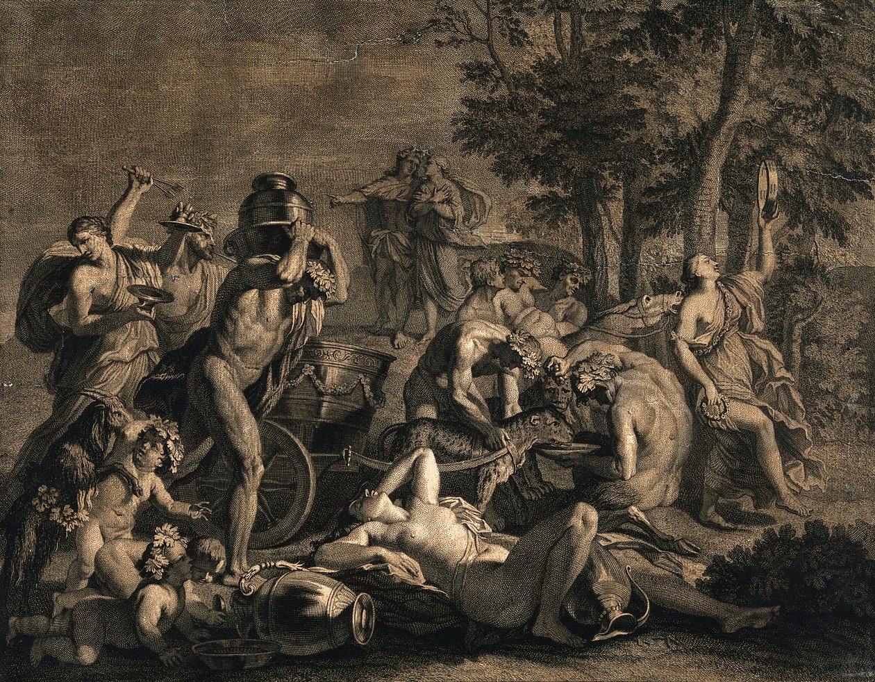 En bacchanalian -samling med leoparder som trekker av Nicolas Poussin