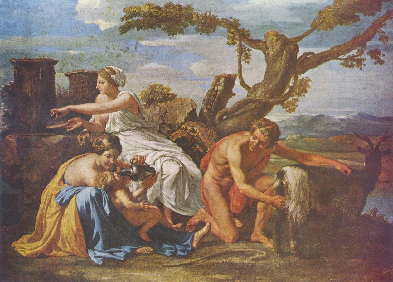Som barn ble Jupiter næret av bukken Amalthea av Nicolas Poussin