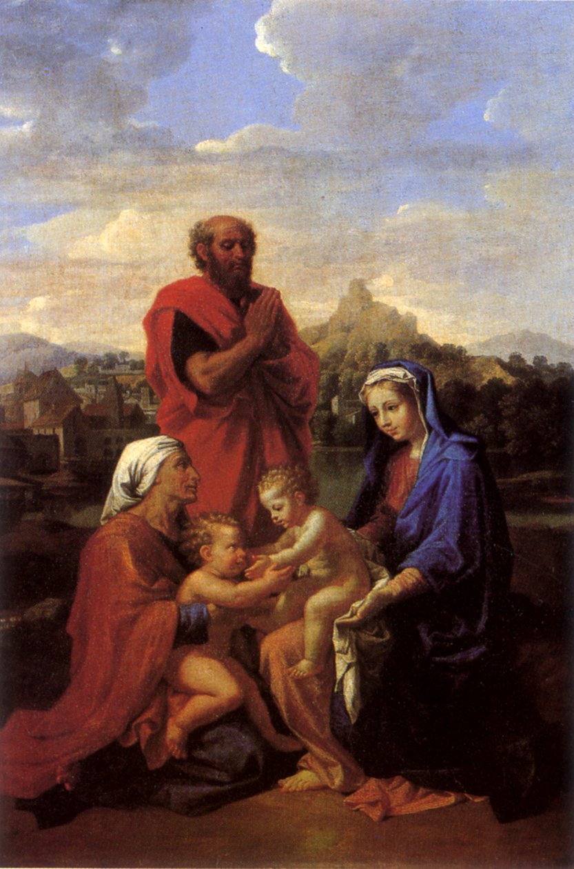 Den hellige familie med Saint John, Saint Elisabeth og Saint Joseph som ber av Nicolas Poussin
