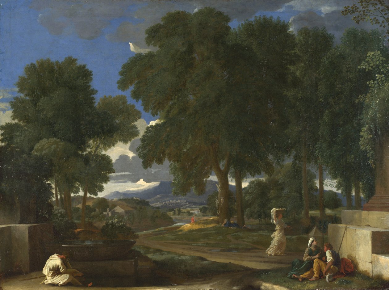 Landskap med en mann som vasker føttene ved en fontene, 1648 av Nicolas Poussin