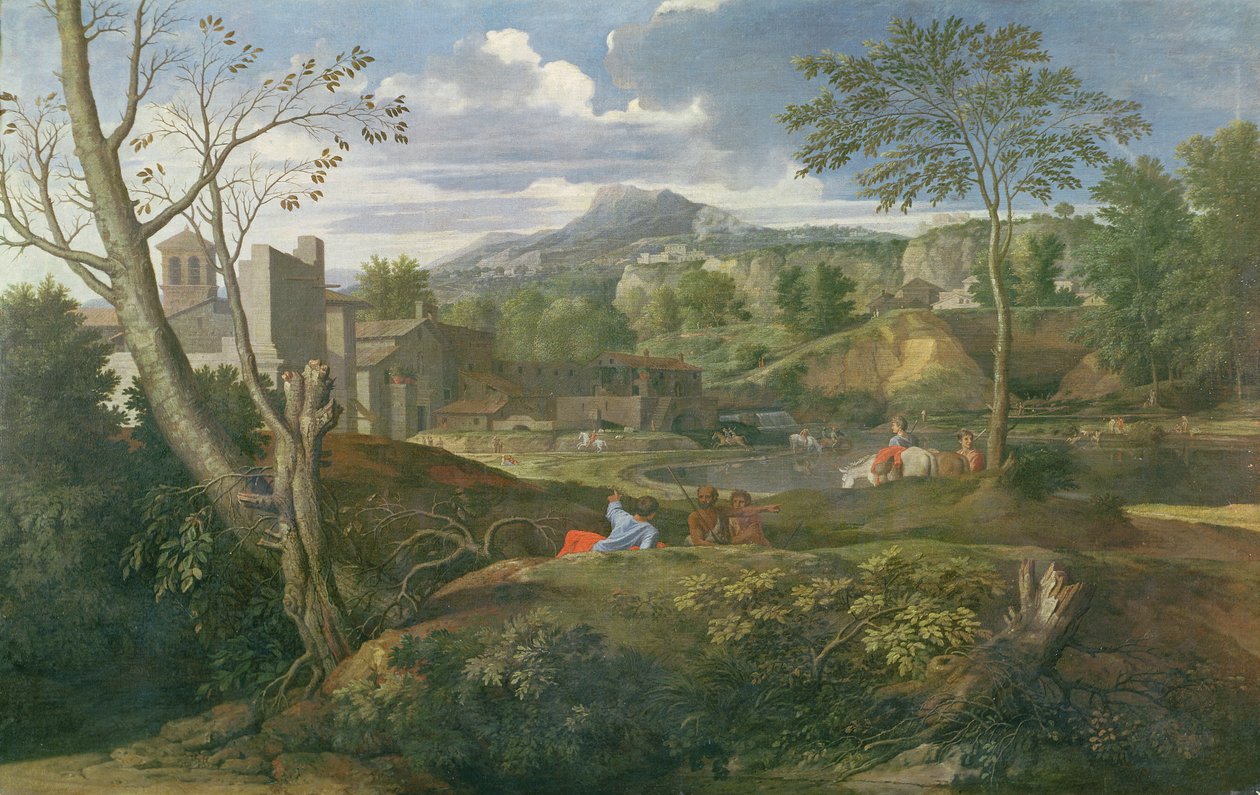 Landskap med bygninger, 1648-51 av Nicolas Poussin