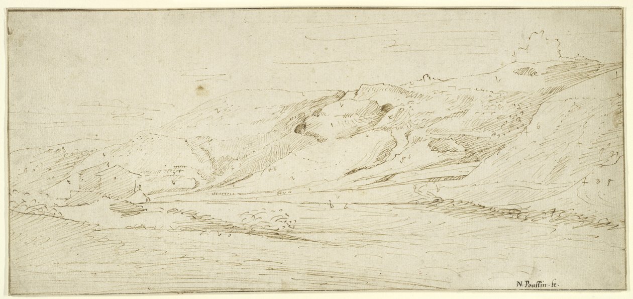 Fjelllandskap med to hus (penn og blekk med vask på papir) av Nicolas Poussin