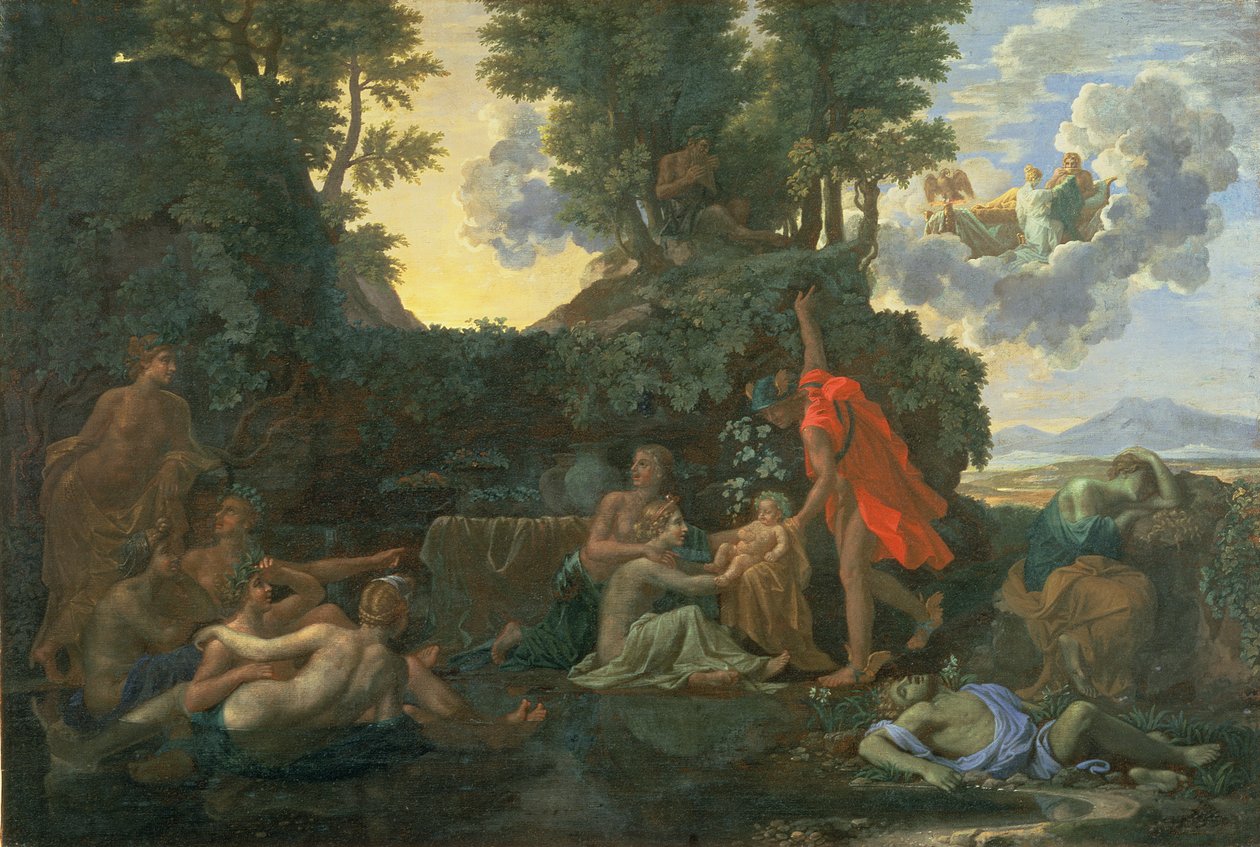 Spedbarnet Bacchus betrodd nymfene i Nysa; The Death of Echo and Narcissus, 1657 av Nicolas Poussin