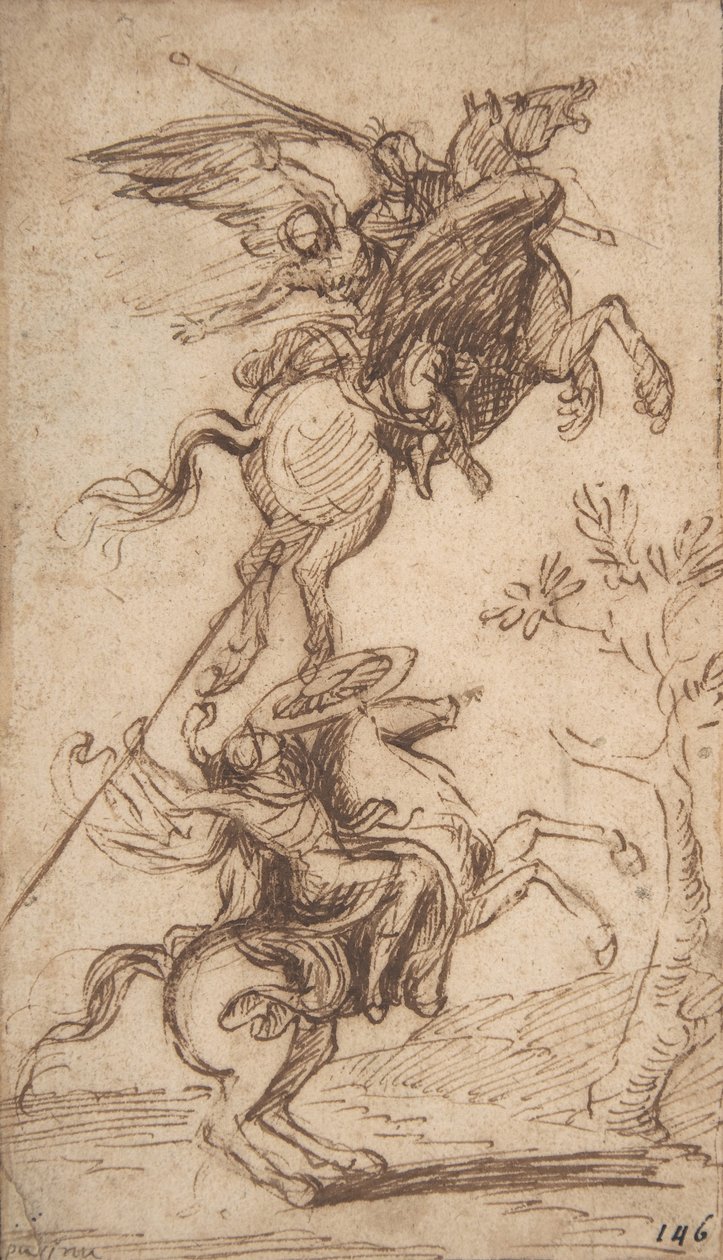 The Sorcerer Atlante Abducting Pinabellos Lady (Ariosto, Orlando Furioso, canto II, 38), ca. 1635-38 (penn og brunt blekk) av Nicolas Poussin