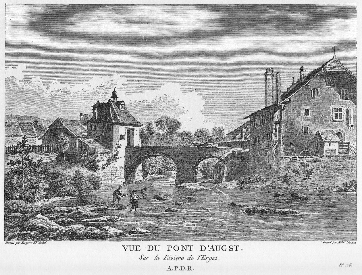 Utsikt over broen over elven Ergolz ved Augſt. Kobberstikk av Mme. Jourdan etter en tegning av Nicolas Pérignon av Nicolas Pérignon, Mme. Jourdan